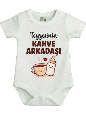 Babylimon Teyzesinin Kahve Arkadaşı Yazılı Bebek Zıbını, Beyaz, Kısa Kollu