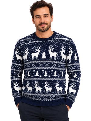 Battal Moda Lacivert Rengi Geyik Desenli Bisiklet Yaka Yılbaşı Kazağı M-L-Xl-2xl
