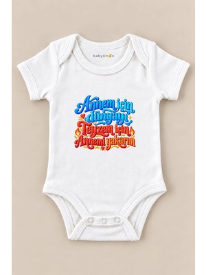 Babylimon Annem Için Dünyayı Teyzem Için Yakarım Beyaz Kısa Kollu Çıtçıtlı Bebek Zıbını
