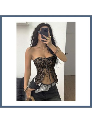 Bezos Kadın Leopar Desenli Crop Önden Büzgü Detaylı 5096 · Beden: L/xl · Renk: Sarı BZS10