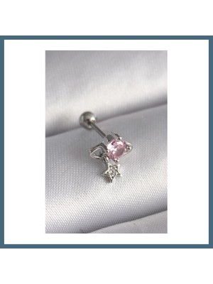 Bezos 316L Çelik Gümüş Renk Pembe Zirkon Taşlı Sallantı Yıldız Detay Tragus Piercing Agc