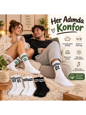 Astraltech Unisex Çorap Çizgili 4'lü Set 07 Good Vibes Yazılı Siyah Beyaz Uzun Soket Spor Kolej Stil Rahat Şık