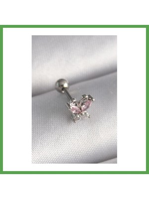 Bezos 316L Çelik Gümüş Renk Pembe Zirkon Taşlı Kelebek Tragus Piercing Mgc