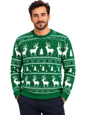 Battal Moda Benetton Rengi Geyik Desenli Bisiklet Yaka Yılbaşı Kazağı M-L-Xl-2xl