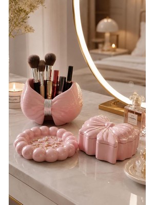 Tr Dekoratif 3'lü Pembe Set, Düzenleyici Çok Amaçlı Saklama Kutusu, Pembe Şekerlik, Kapaklı M