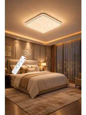 Markatech Bonita Cristalya Kare Plafonyer Kumandalı Dimmerli 3 Renk Ledli Avize - Çap 40 cm