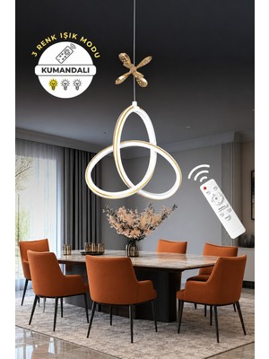 Markatech Yonca Beyaz Gold Çizgi ve Kelebek Dekorlu Kumandalı Dimmerli 3 Renk LED Sarkıt Avize