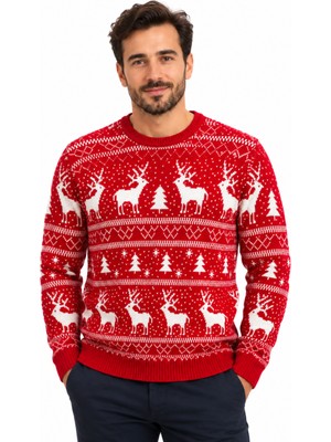 Battal Moda Kırmızı Rengi Geyik Desenli Bisiklet Yaka Yılbaşı Kazağı M-L-Xl-2xl