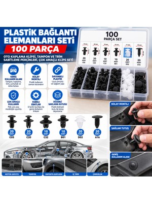 Burada Bulabilirsin Plastik Bağlantı Elemanları Seti 100 Parça – Oto Kaplama Klipsi, Tampon ve Trim Sabitleme Perçinleri, Çok Amaçlı Klips Seti