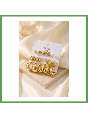 Bezos Gold Renk Metalik Kaplamalı Karışık Model Detaylı Ccb 9 Çift Küpe Seti Mgc