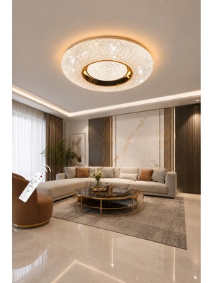 Markatech Lara Cristalya Gold Yuvarlak Plafonyer Kumandalı Dimmerli 3 Renk Ledli Avize - Çap 50 cm