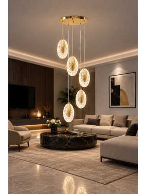 Markatech Elmas Gold Modern 5'li Sarkıt Kumandalı Dimmerli 3 Renk Ledli Avize