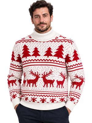 Battal Moda Kemik Geyik Desenli Balıkçı Yaka Yılbaşı Kazağı M-L-Xl-2xl