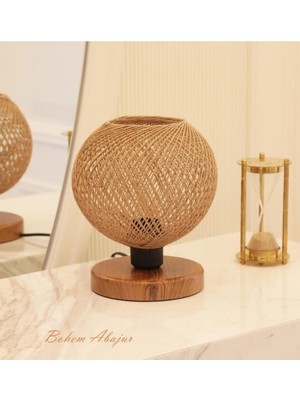 Tr Bohhem Ahşap Tabanlı Örgü Başlık Abajur Handmade Bohem Bej