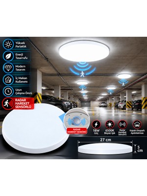 Kartek Kl 212 18W Radar Hareket Sensörlü LED Glop Armatür 6500K Beyaz Işık 27 cm Sıva Üstü Otomatik Yanan Tavan Lambası