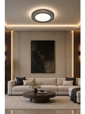 Markatech Truva Dantelya Siyah Kumandalı Dimmerli 3 Renk LED Plafonyer Avize, Çap 50 cm