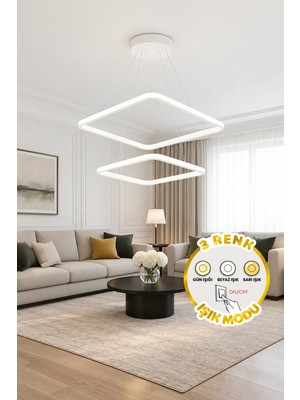 Markatech Maria Beyaz Kare Modern 2'li Sarkıt 3 Renk Ledli Avize
