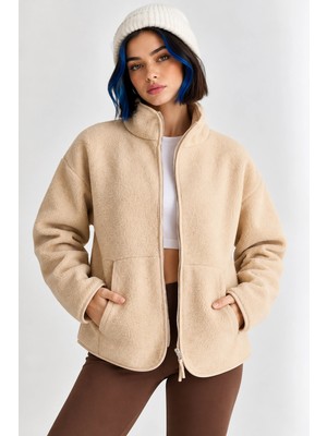 Mevese Oversize Dik Yaka Biyeli Fermuarlı Cepli Teddy Peluş Ceket- Bej