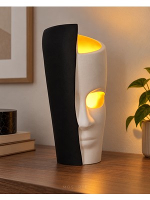 Mosarte Yarım Yüz Form Heykelsi Amber LED Dekoratif Masa Lambası – El Yapımı, 30 cm