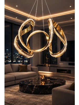 Markatech Deluxe Cristalya Serisi Gold Kaplamalı Kalın Çizgili Sarkıt 3 Renk Ledli Avize