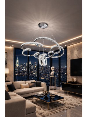 Markatech Platin Cristalya Gold Kaplama 3 Renk LED Sarkıt Avize, Çap 50 cm