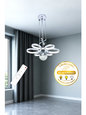 Markatech Ada Beyaz Krom Çizgili Kumandalı Dimmerli Gece Modlu 3 Renk Ledli Avize - Çap 40 cm