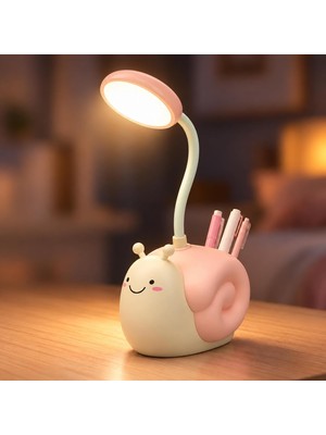 Tr Şarjlı Salyangoz LED Masa Lambası Kalemlikli Pembe NRN-544