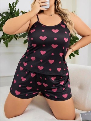 Senoramoda Büyük Beden Siyah Kalp Desen Ince Askılı Pamuklu Şortlu Pijama Takımı