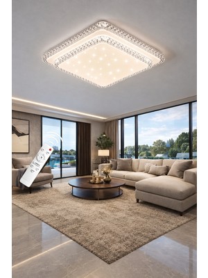 Markatech Havana Cristalya 2 Katlı Kare Plafonyer Kumandalı Dimmerli 3 Renk Ledli Avize - Çap 50 cm