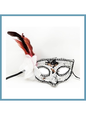 Bezos Gümüş Renk Yandan Tüylü Güllü Gümüş Taşlı Pullu Maske 20X22 cm MBT06