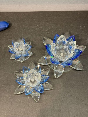 Tr Peramari Dekoratif Kristal Cam Üçlü Cam Lotus Mumluk Mavi Mavi