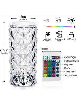 Tr Kristal Elmas LED Dokunmatik Şarjlı Kumandalı Masa Lambası Rgb