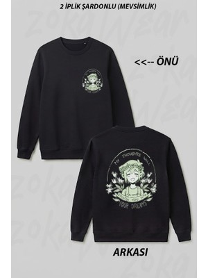 Zoka Wear Omori My Thoughts Will Follow You Into Your Dreams Basil Ön Arka Baskılı Bisiklet Yaka Sweatshirt