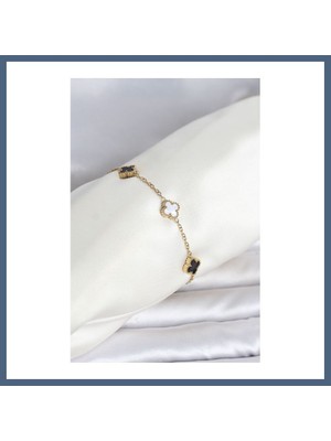 Bezos 316L Çelik Gold Renk Siyah Beyaz Baby Yonca Model Kadın Bileklik BZS10