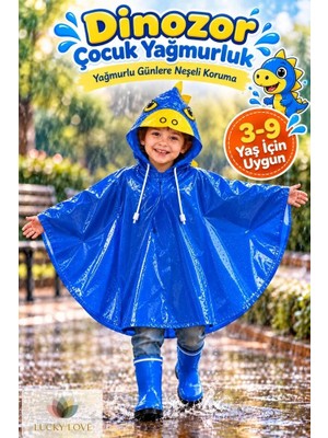 Mustran Dinozor Desenli Çocuk Yağmurluğu 3-9 Yaş Su Geçirmez Kapüşonlu Panço