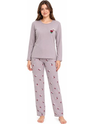 Sleeproom Kadın Kışlık Interlok Lavanta Desen Nakışlı Lila Pijama Takımı