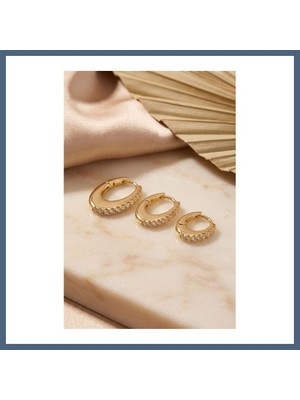 Bezos Gold Renk Oval Halka Model Zirkon Taşlı 3 Lü Küpe Set BZS10