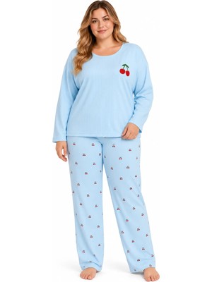 Sleeproom Büyük Beden Kadın Kışlık Interlok Kiraz Desen Nakışlı Mavi Pijama Takımı