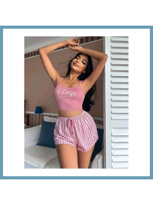 Bezos Kadın Pembe Çizgili Desen Askılı Şortlu Pijama Takım 5002 · Beden: L/xl · Renk: Pembe MBT06