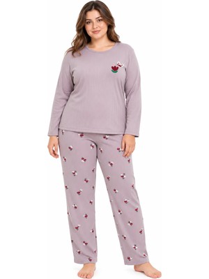 Sleeproom Büyük Beden Kadın Kışlık Interlok Lavanta Desen Nakışlı Lila Pijama Takımı