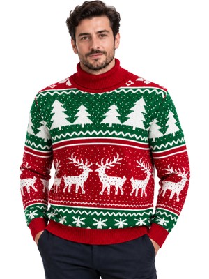 Battal Moda Kırmızı Rengi Geyik Desenli Balıkçı Yaka Yılbaşı Kazağı M-L-Xl-2xl