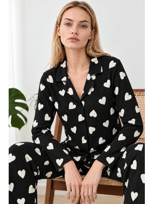Fit Women Kadın Kalpli Gömlek Yaka Siyah Pijama Takımı 4824