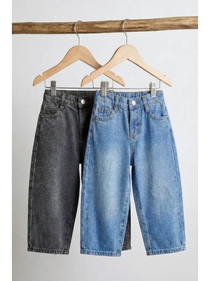 Dmb Beli Lastikli Baggy Kalıp Kız - Erkek Unisex Jean 2 'li Seri