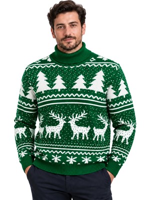 Battal Moda Benetton Rengi Geyik Desenli Balıkçı Yaka Yılbaşı Kazağı M-L-Xl-2xl