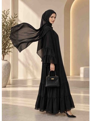 Inci Taş Detaylı Şifon Abaya Takım
