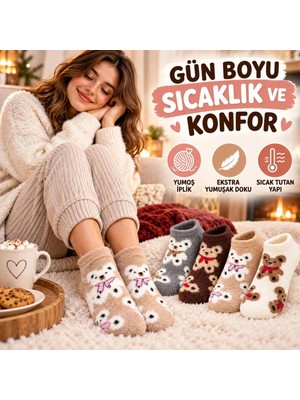 Marchè Bien Kadın Ayıcık Desenli Yumoş Patik Çorap 8'li Set Peluş Yumuşak Sıcak Parfümlü Kışlık Rahat Çorap Seti