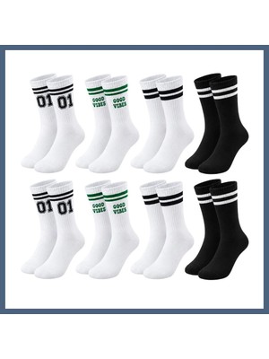 Bezos Unisex Çorap Çizgili 8'li Set 07 Good Vibes Yazılı Siyah Beyaz Uzun Soket Spor Kolej Stil Çorap BZS10