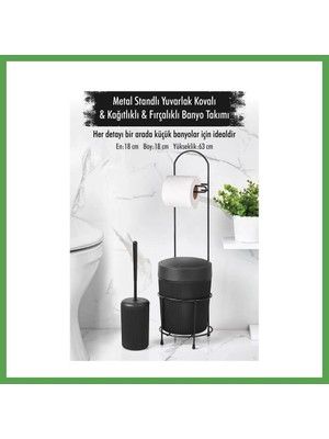 Bezos Metal Standlı Yuvarlak Kovalı & Kağıtlıklı & Fırçalıklı Siyah Banyo Takımı Mgc