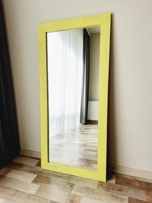 Tr Dfn Wood Masif Ahşap Dikdörtgen Sarı Dekoratif Duvar Salon Ofis Boy Aynası 130X60 cm