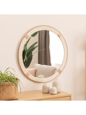Tr Dfn Wood Beyaz Halatlı Yuvarlak Dekoratif Duvar Salon Banyo Aynası 100 cm Çap